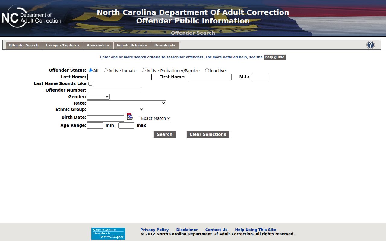 Hyde County arrest custody and NCDAC offender search interface