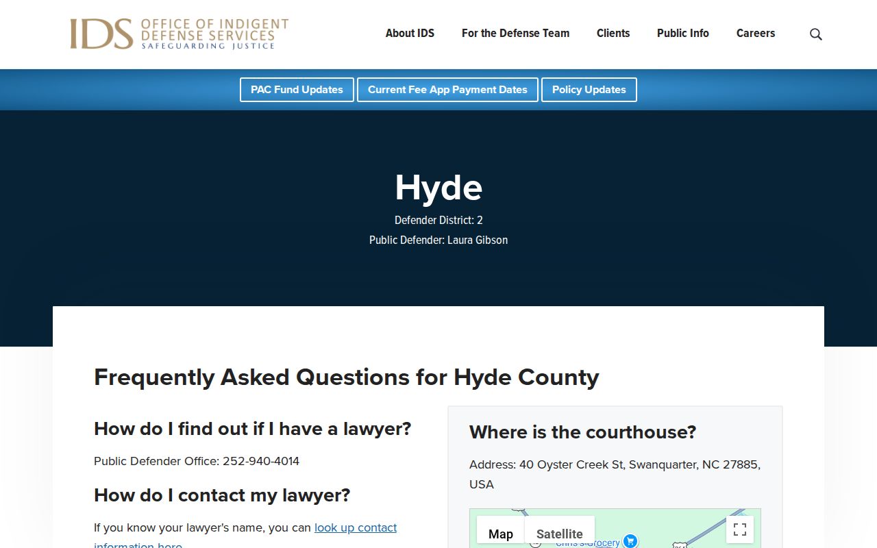 Official Defender District 2 contact page for Hyde County court cases