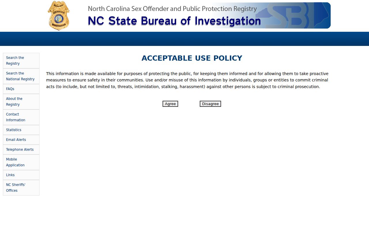 Hyde County sex offender registry landing screen