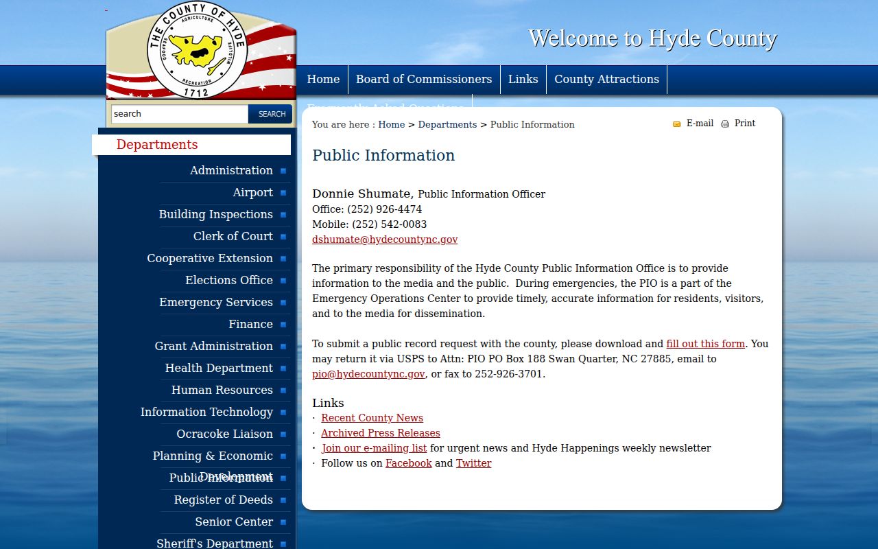 Hyde County criminal records Public Information Office request channel