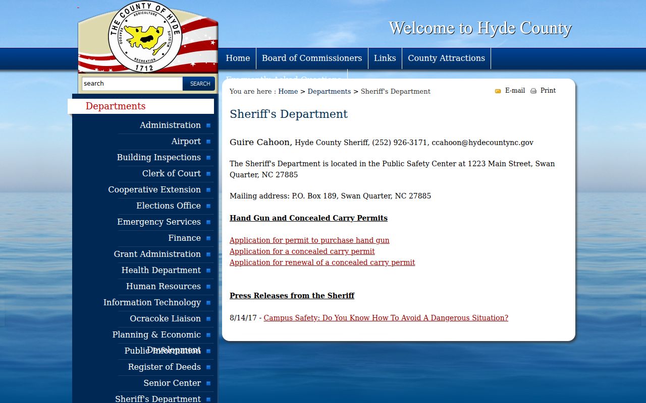 Hyde County arrest record Sheriff's Office contact page